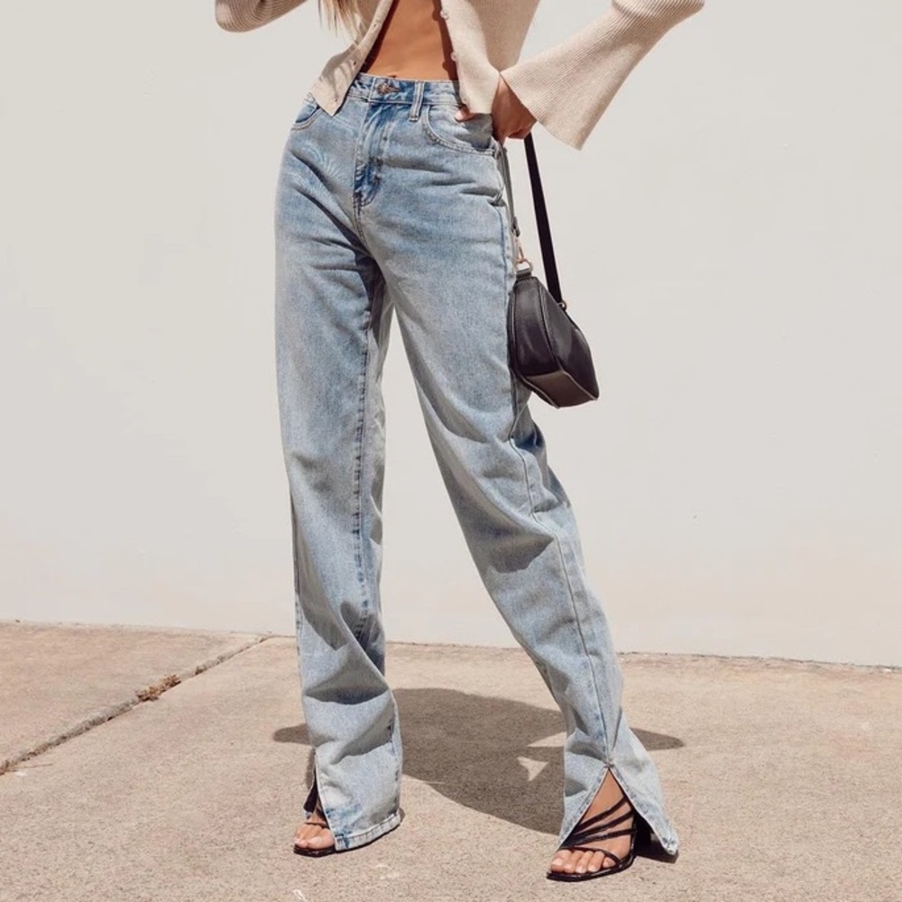 NWT Princess Polly Lioness Alabama Blue Denim Split Hem Flare Jeans